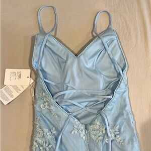Prom dress from Stacees, size 4, light blue, lace detail, lace-up back + zipper